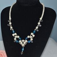 Handmade White Pearl Jewelry Design-Making Blue Beaded Necklace with White Pearls and Blue Crystals 