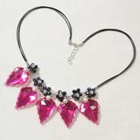 Instructions on Making a Waxed Cord Necklace with Black Beaded Flower and Hot Pink Rhinestone Drop