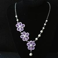 How to Make a Purple Quilling Paper Flower Necklace with White Pearl Beads Decorated