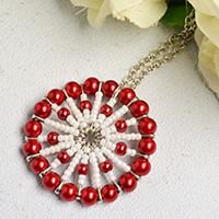 How to Make a Red Pearl Bead and White Seed Bead Circular Pendant Necklace