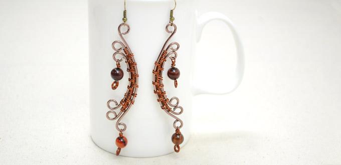 Wire Wrapping Half-Moon Shaped Earrings with Aluminum Wire and Agate Beads