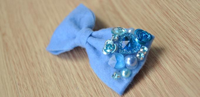 Make Royal Blue Felt Hair Bows with Kinds of Beads Step by Step
