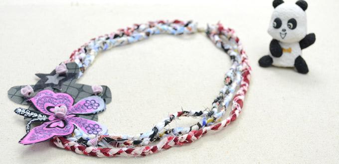 Making Braided Fabric Necklace with Multiple Fabrics and Purple Flower Beads