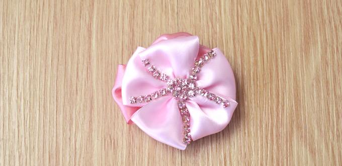 Tutorial on Making Layered Pink Ribbon Flower Hair Clips with Rhinestones