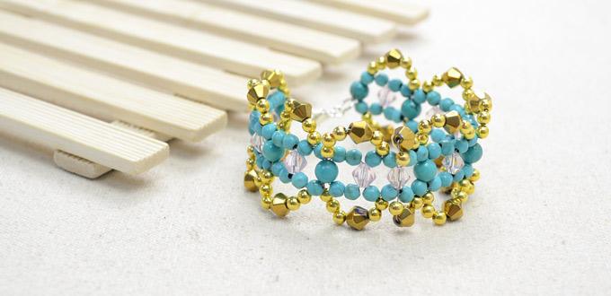 Making Right Angle Weave Stitch Bracelet with Turquoise Beads and Glass Bicones