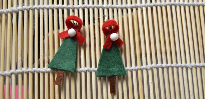 A Pattern of Green Christmas Tree Earrings Made from Felt and Beads