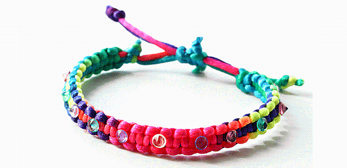 How to Braid a Knotted Friendship Bracelet with Rainbow Thread and Crystal Beads