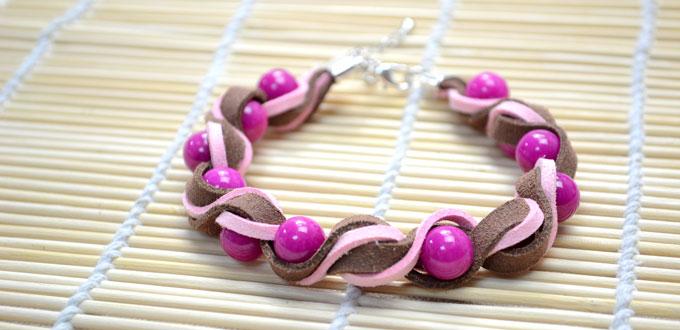 Tutorial on Making a Twisted Suede Cord Bracelet with Fuchsia Beads