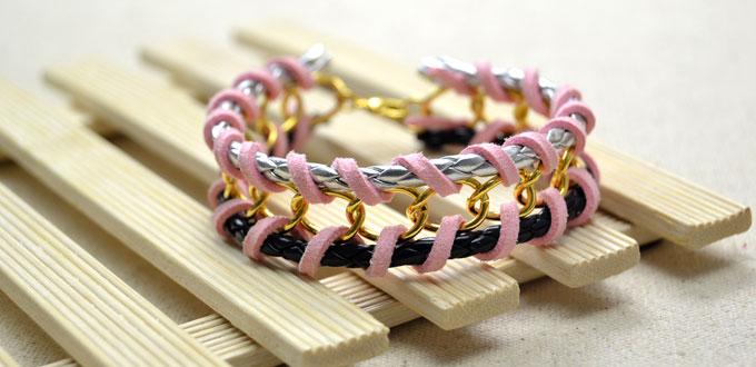 Tutorial on DIY Woven Chain Bracelet with Leather and Pink Suede Cord