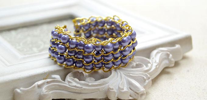 Free Pattern on Making Beaded Cuff Bracelet with Glass Pearl Beads and Golden Chains