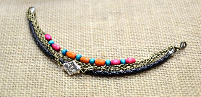 Making Cool Leather Bracelet of Boho Style with Chain and Wood Beads