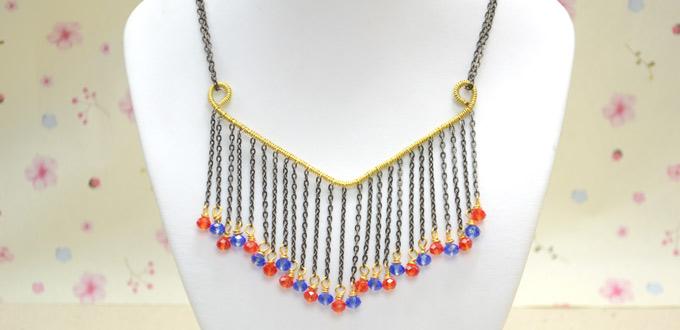 DIY Red and Blue Beaded Fringe Necklace with Simple Wire Coiling Technique