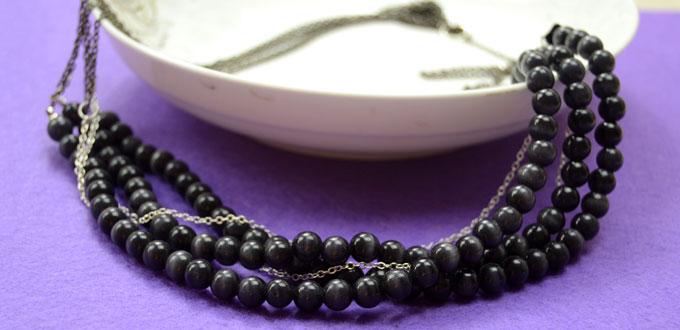 Make a Multi-strand Sweater Necklace with Black Glass Beads and Chains