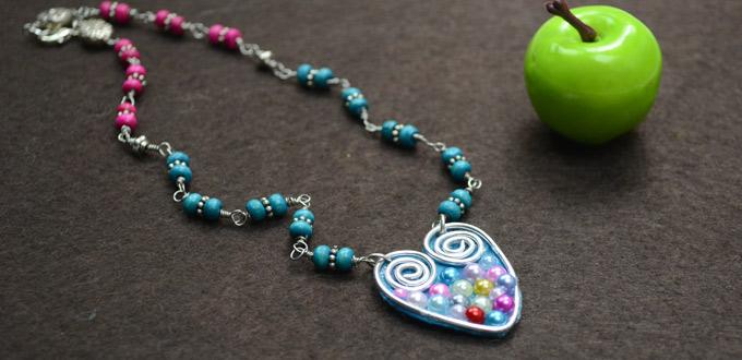 DIY Dainty Blue Heart Shaped Pendant Necklace with Wire and Beads