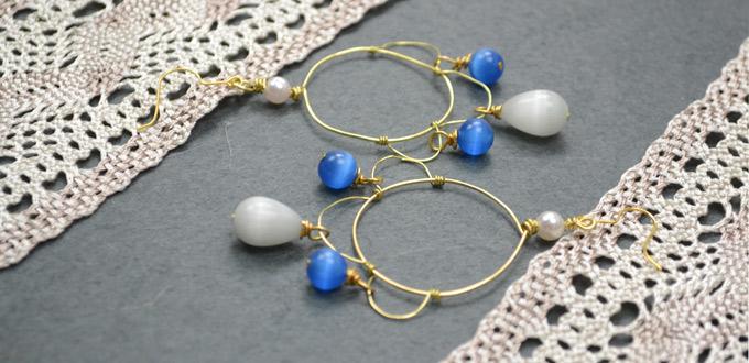 Wire Wrap Statement Hoop Earrings with Golden Wire and Cat Eye Beads