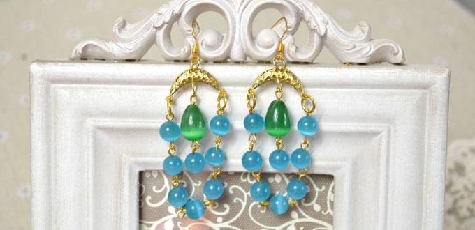 DIY Chandeliers Dangle Earrings with Blue Beads and Gold Pendant Links