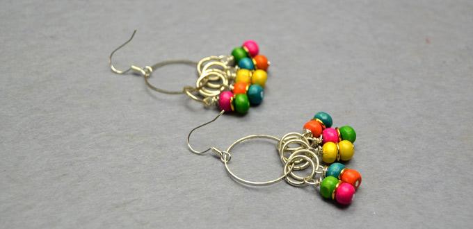 How to Make Rainbow Loom Earrings with Multi-Colored Wood Beads and Golden Jump Rings