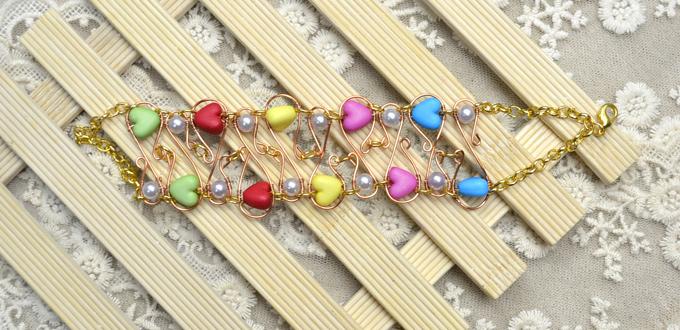 Tutorial on Making a Colorful Beaded Wire Cuff Bracelet with Lovely Heart Beads 