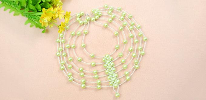 How to Make a Multi Strand Waterfall Pale Green Pearl Necklace