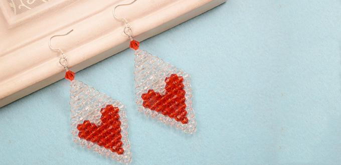 Bead Weaving Earring Patterns-Make Simple Diamond Shape Earrings with Red Heart