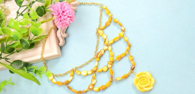 Beaded Bib Necklace Tutorial-DIY Yellow Net Shell Necklace with Golden Chain 