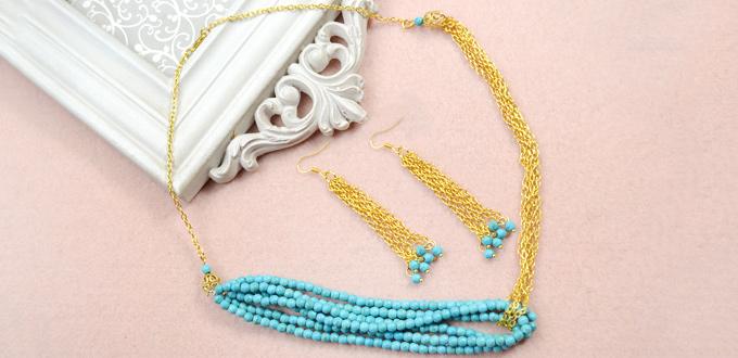 How to Make Long Turquoise Beaded Necklaces and Earrings with Golden Chain
