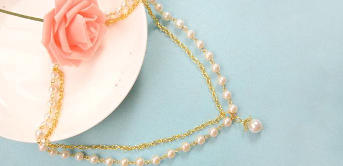 Office Lady Fashion - How to Make Long White Pearl and Golden Chain Necklace 