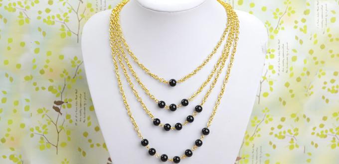 How to Make Multi Strand Gold Chain Necklace with Black Beads