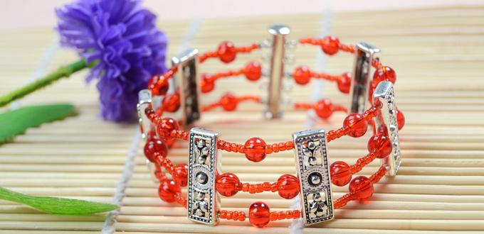 How to Make Your Own Red Multi Strand Beaded Cuff Bracelet with Silver Spacer