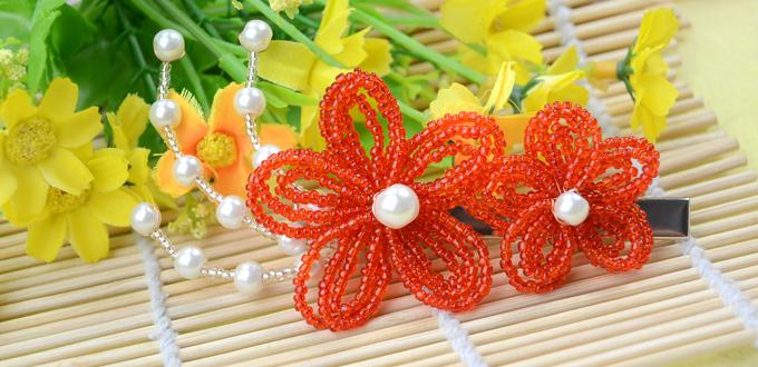 How to Make Double Red Flower Bridal Hair Accessories with seed beads and pearl beads