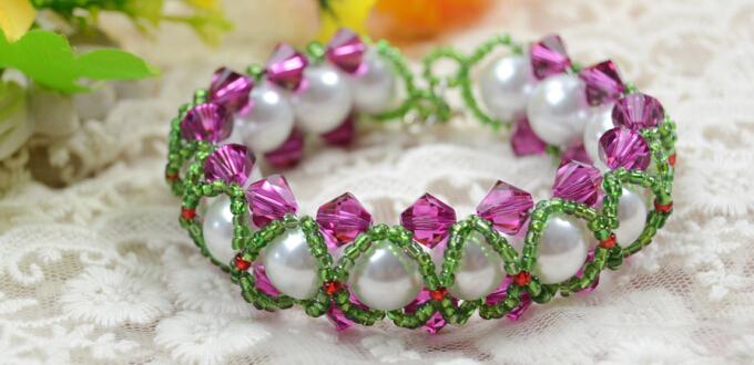 How to Make Green Seed Bead Braided Bracelet with White Pearl and Fuchsia Crystal Beads
