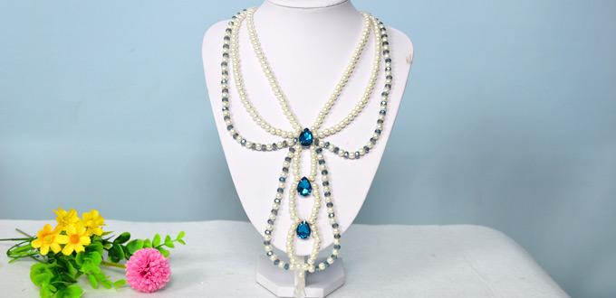 How to Make a Three Strand Blue Beaded Pearl Necklace with Rhinestone Cabochon