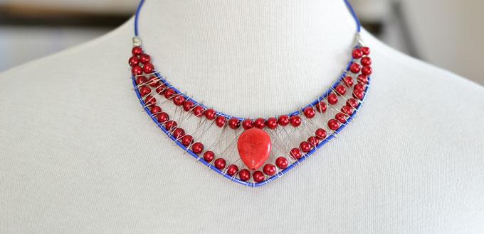 Blue Wire and Red Bead Necklace Jewelry Tutorial-An Easy DIY Project for Beginners