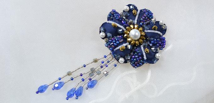 How to Make a Blue Flower Brooch with Beads, Ribbons and Felt