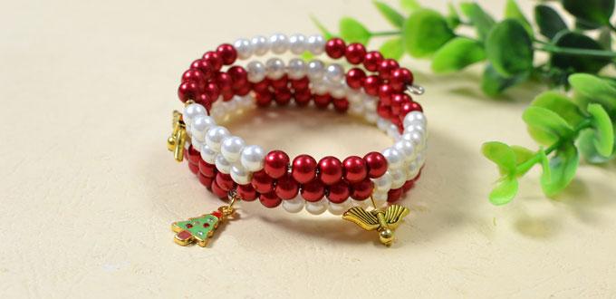 How to Make a Simple Red and White Pearl Beaded Bracelet with Christmas Tree and Angels