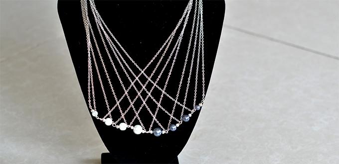 How to Make a Long Multi-strand Silver Chain Necklace with Pearl Beads for Office Lady