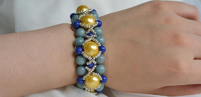How Do You Make a Yellow and Blue Bracelet with Jade Beads, Pearls and Seed Beads 