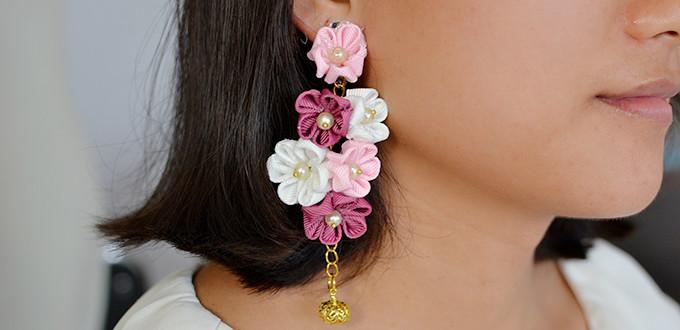 How to Make a Pair of Long Ribbon Floral Drop Earrings with Pearl Beads