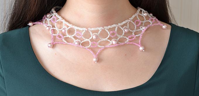 How to Make a Pink Flower Choker Necklace with Pearl Beads and Seed Beads 