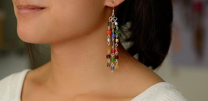 How to Make Beading Drop Earrings Combined with Colorful Cube Glass Beads and Eye Pins