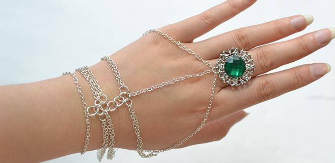 How to Make a Silver Chain Linked Bracelet with Green Rhinestone Ring