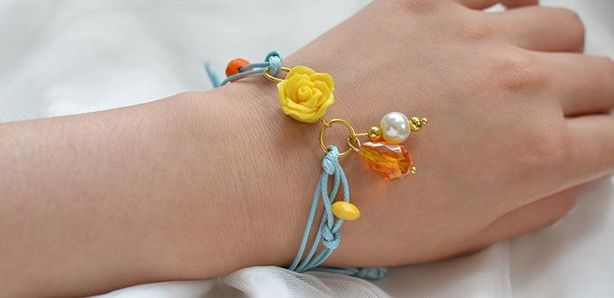 How to Make a Spring Fashion Blue Waxed Cord Bracelet with Polymer Clay Flower 