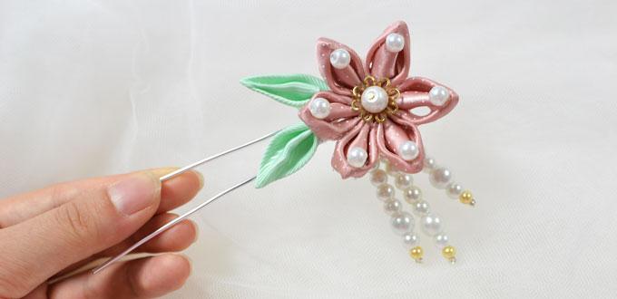 How to Make a Pink Ribbon Flower Hairpin with Pearl Beads Decorated
