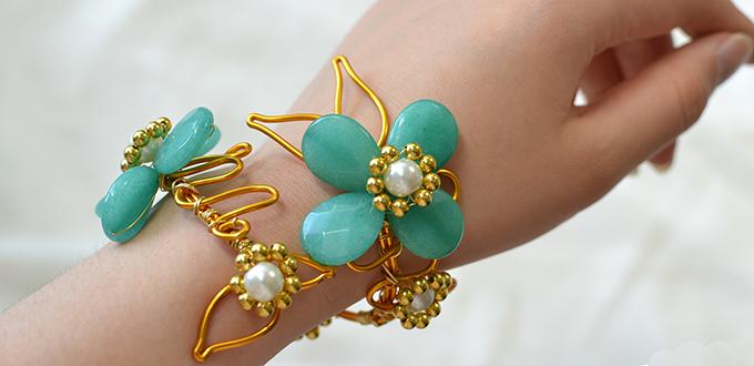 How to Make a Personalized Gold Wire Wrapped Bracelet with Blue Stone Flower Decorated 