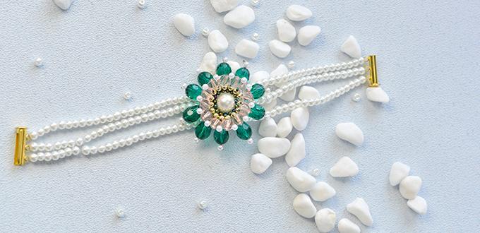Pandahall Original DIY - How to Make a Handmade Three-strand White Pearl Bracelet with Green Flower