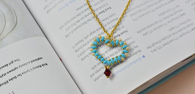 How to Make a Blue 2-Hole Seed Bead Heart Pendant Necklace with Golden Chain