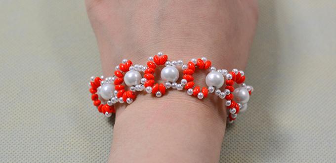 Free Instructions on Making an Orange 2-hole Seed Bead and White Pearl Woven Bracelet