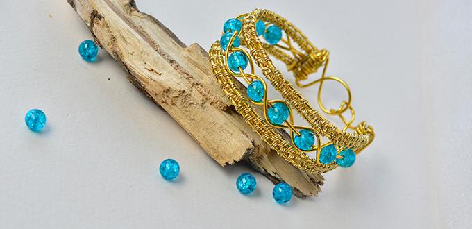 How to Make a Golden Wire Wrapped Bracelet with Blue Crackle Glass Beads