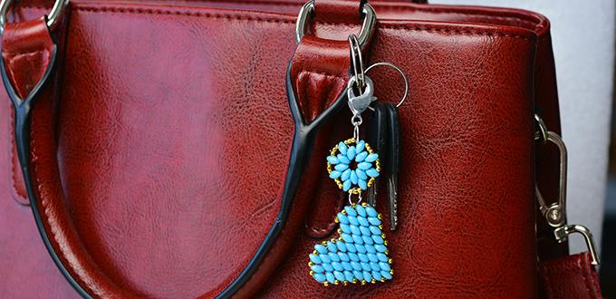 How to Make Blue Beading Heart Keychain with 2-Hole Seed Beads 