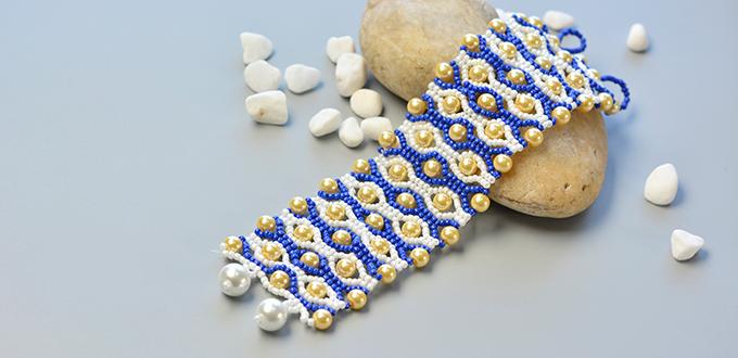 Detailed Tutorial on How to Make a Blue Seed Bead Stitch Wide Bracelet with Yellow Pearl Beads